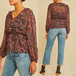 NWT Amour Vert Black Sheer Floral Yvonne Long Sleeve Blouse
